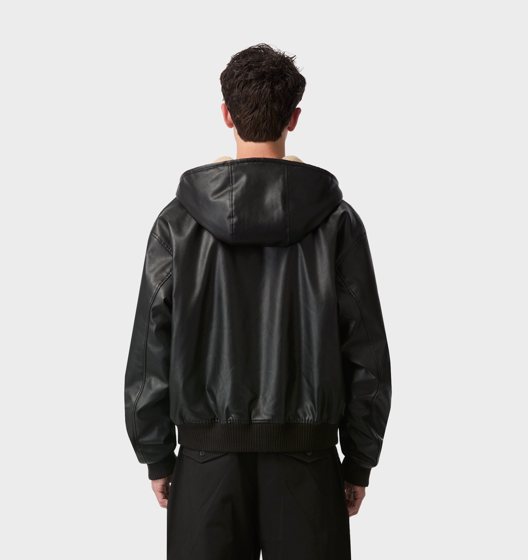 Faux Leather Hood Jacket - Black