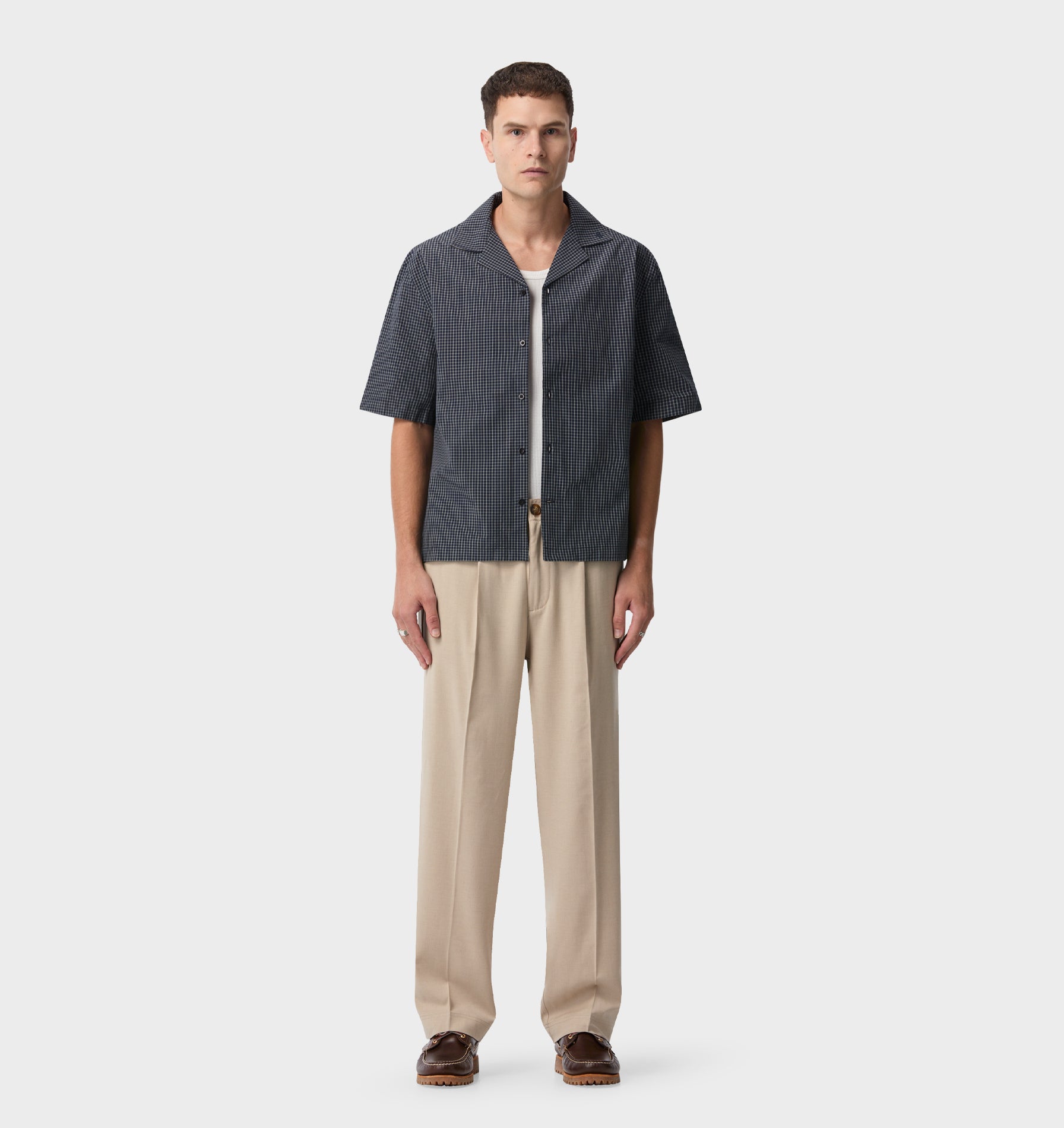 Box Cuban Collar Shirt - Navy Check