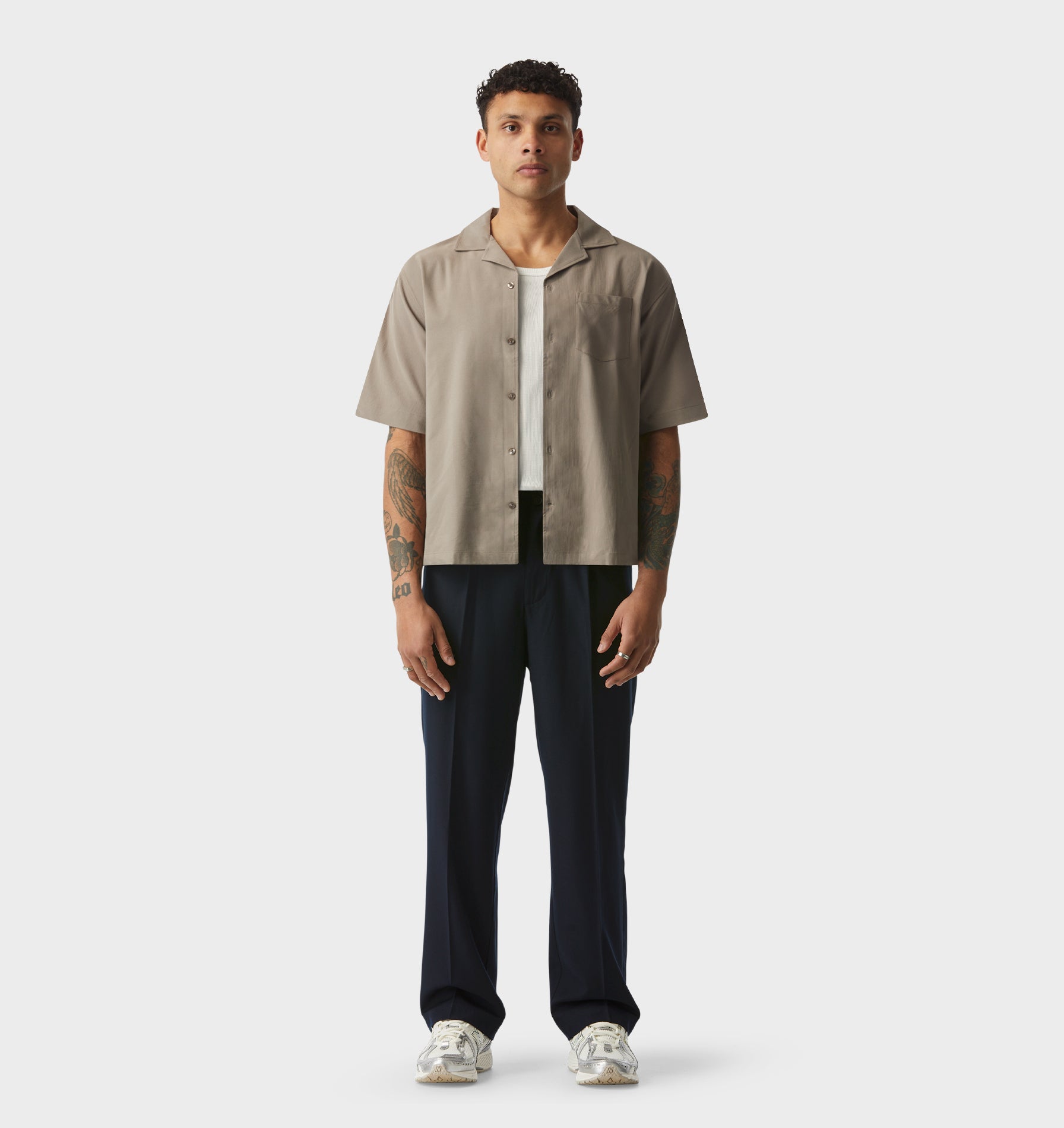 Textured Box Cuban Collar SS Shirt - Mushroom Stripe