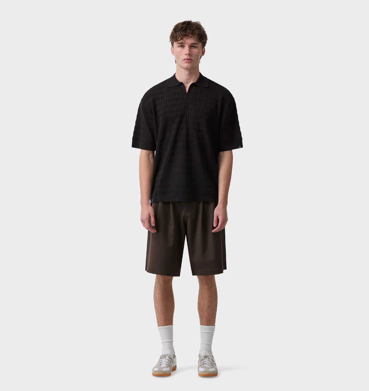 Grid Box Knit Polo - Black