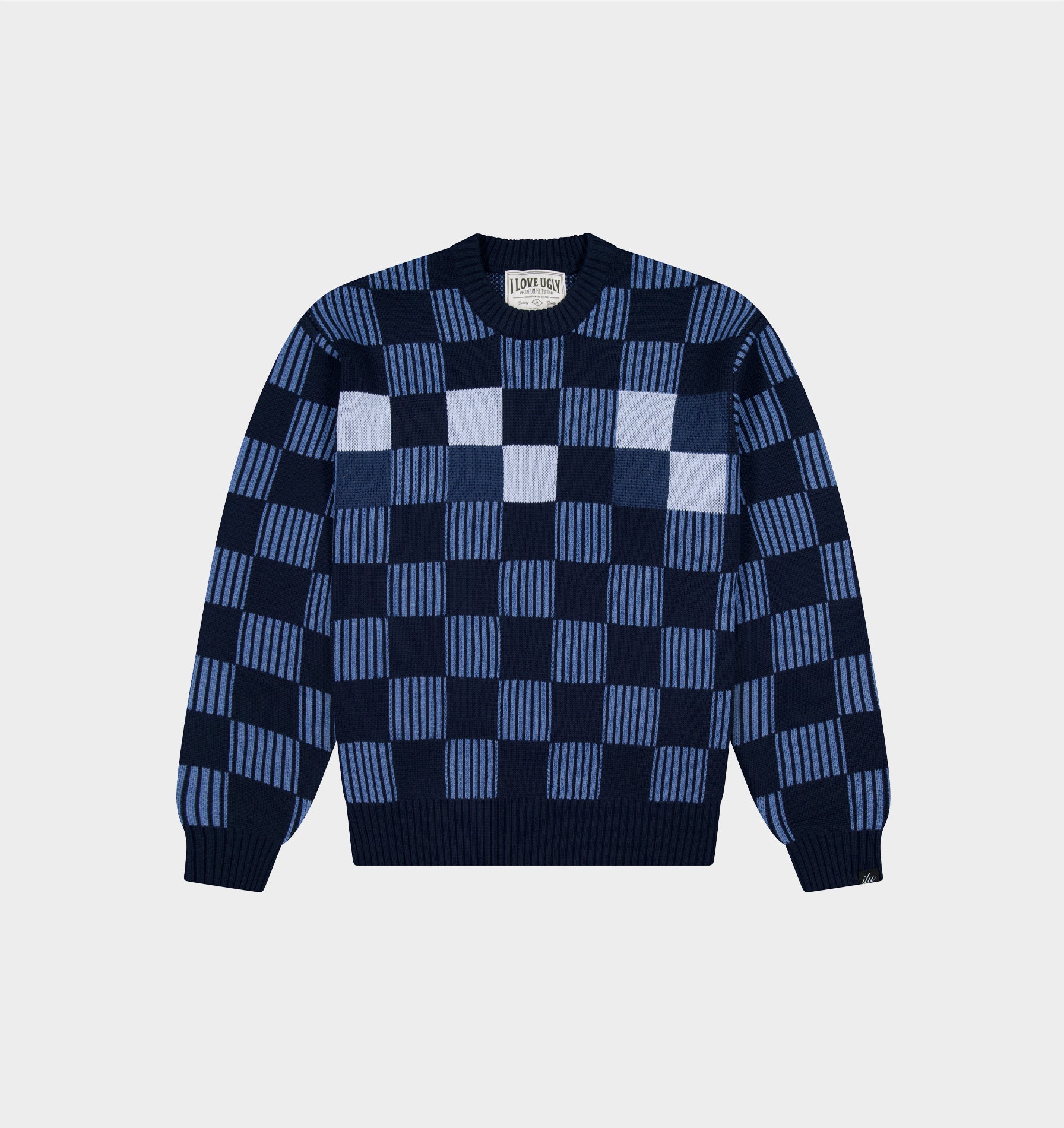 Checkerboard Knit Sweater - Navy