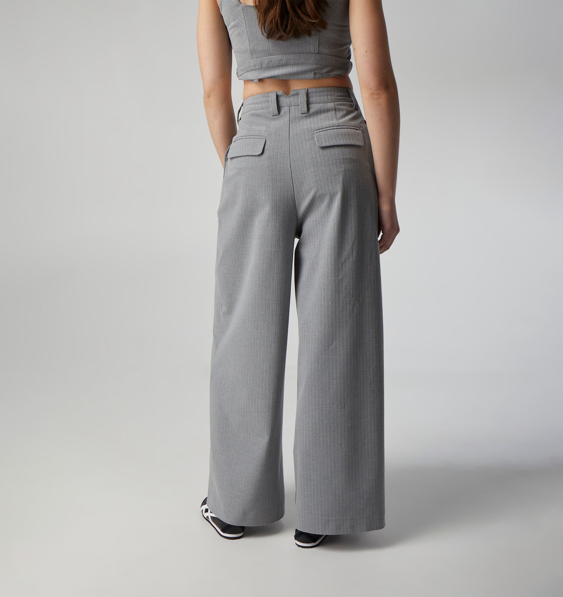 Grey pinstripe pants deals