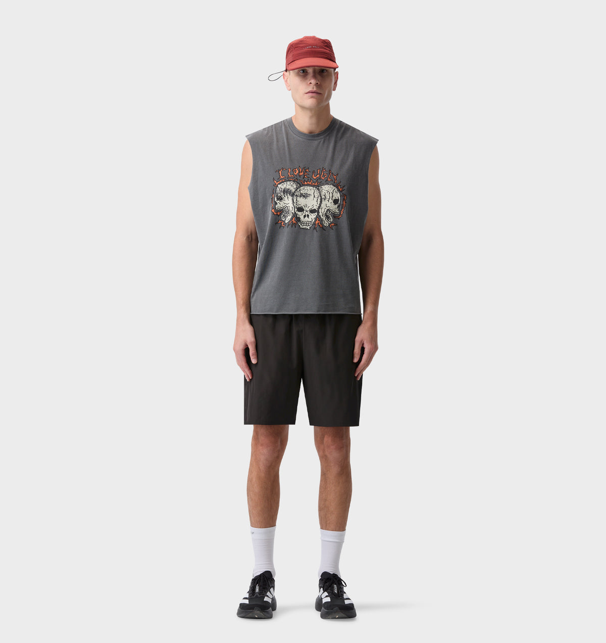 Skull Active Cotton Crop Tank - Washed Black