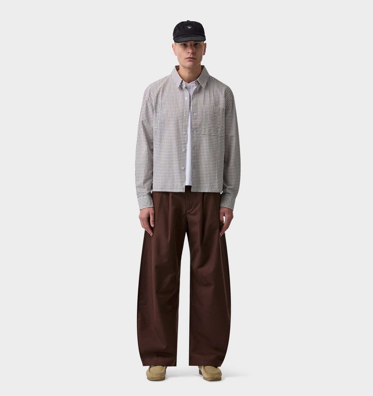 Crop LS Shirt - White/Sand Check