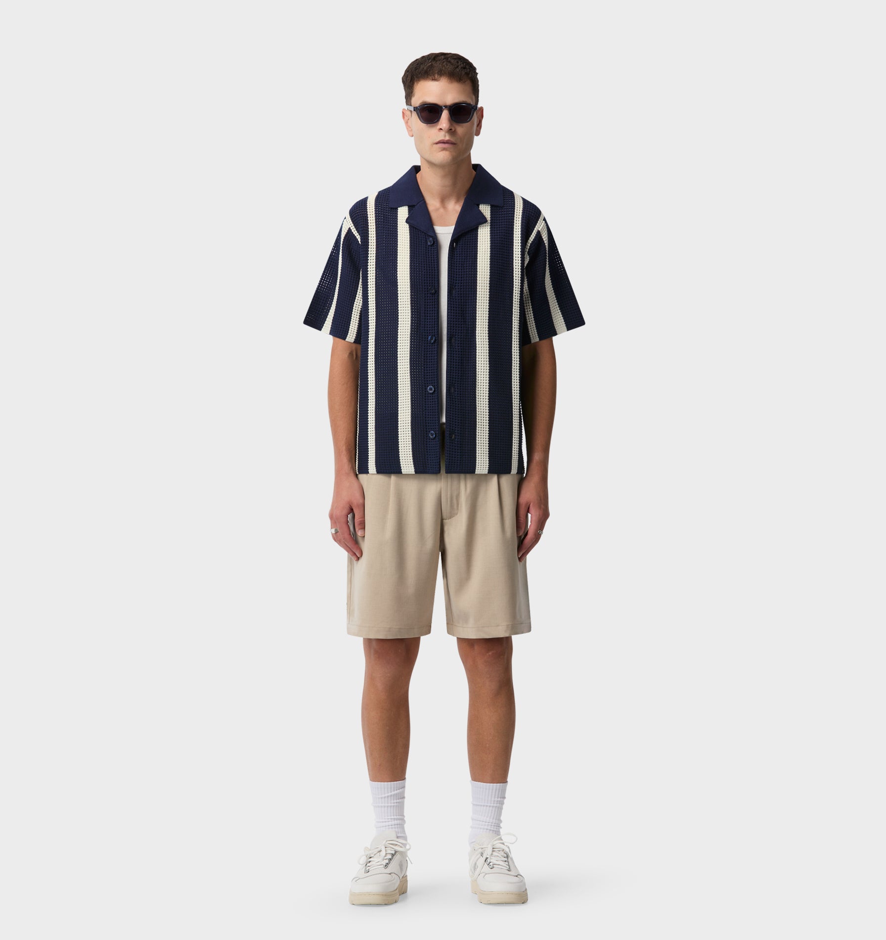 Knit Cuban Collar SS Shirt - Navy/Off White
