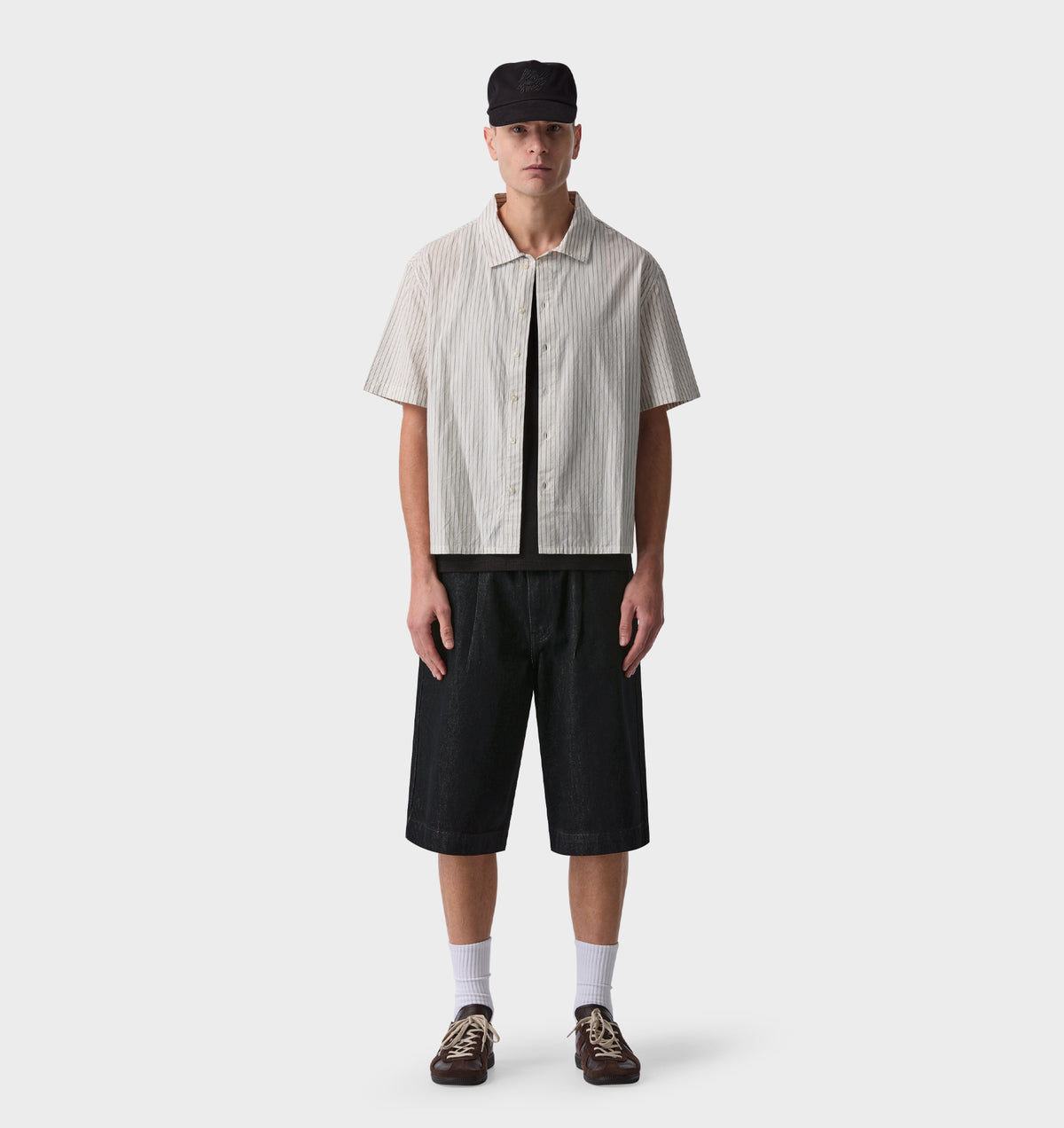 Stripe Crop SS Shirt - White/Black/Beige Stripe