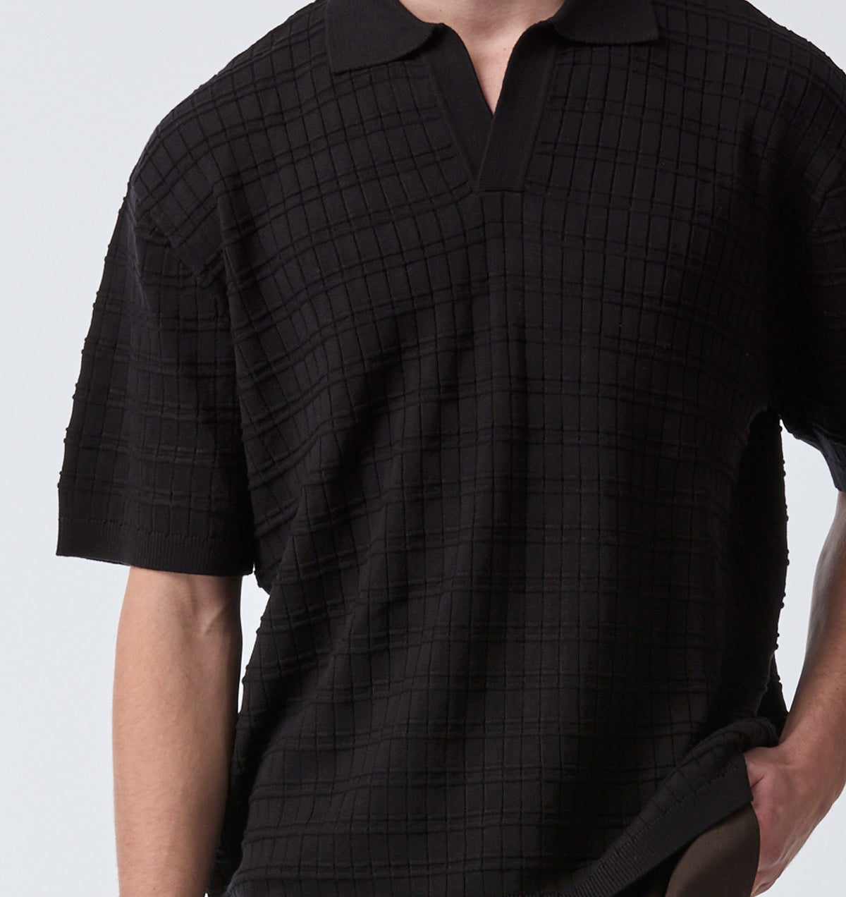 Grid Box Knit Polo - Black